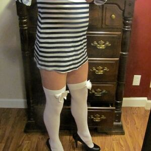 Striped Black and White Dress with White Thigh-High Stockings